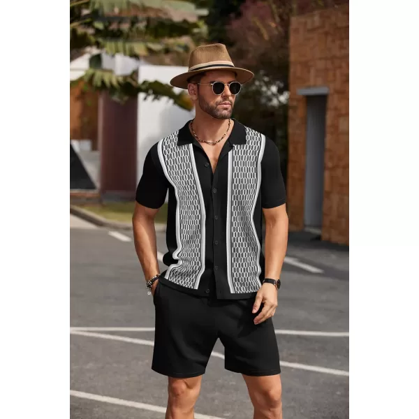 COOFANDY Men's 2 Piece Outfit Vintage Short Sleeve Button Down Knit Polo Shirts Casual Beach Shorts Sets