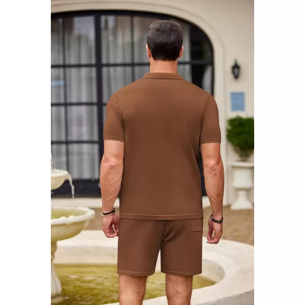 COOFANDY Men's 2 Piece Outfit Vintage Short Sleeve Button Down Knit Polo Shirts Casual Beach Shorts Sets