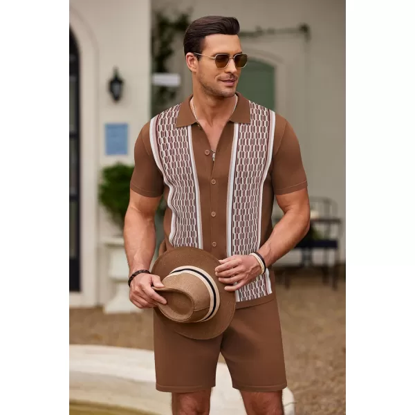 COOFANDY Men's 2 Piece Outfit Vintage Short Sleeve Button Down Knit Polo Shirts Casual Beach Shorts Sets