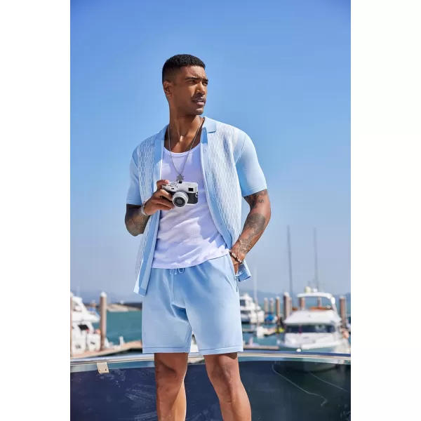 COOFANDY Men's 2 Piece Outfit Vintage Short Sleeve Button Down Knit Polo Shirts Casual Beach Shorts Sets