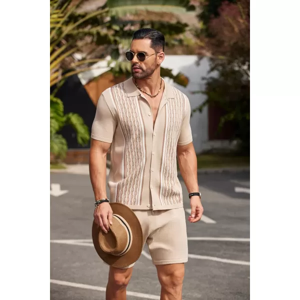 COOFANDY Men's 2 Piece Outfit Vintage Short Sleeve Button Down Knit Polo Shirts Casual Beach Shorts Sets
