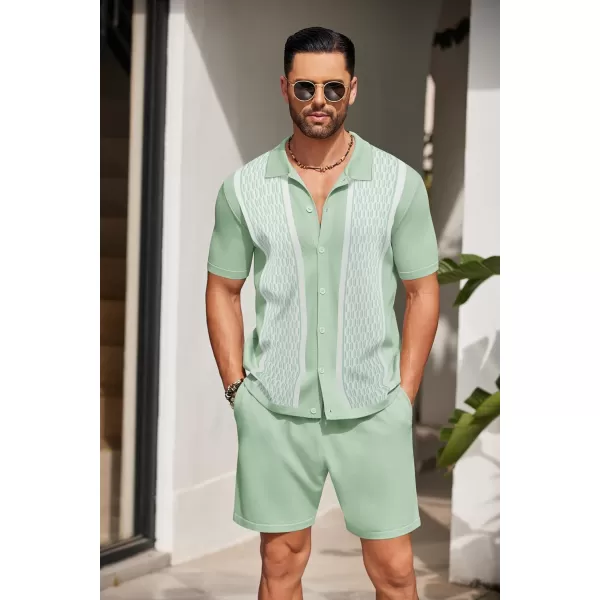 COOFANDY Men's 2 Piece Outfit Vintage Short Sleeve Button Down Knit Polo Shirts Casual Beach Shorts Sets