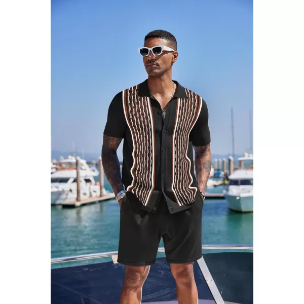 COOFANDY Men's 2 Piece Outfit Vintage Short Sleeve Button Down Knit Polo Shirts Casual Beach Shorts Sets