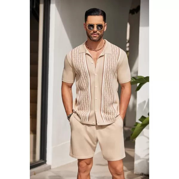 COOFANDY Men's 2 Piece Outfit Vintage Short Sleeve Button Down Knit Polo Shirts Casual Beach Shorts Sets