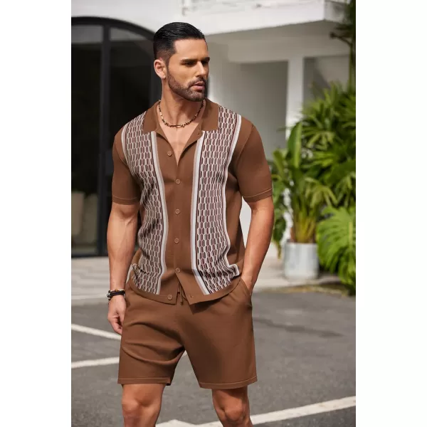 COOFANDY Men's 2 Piece Outfit Vintage Short Sleeve Button Down Knit Polo Shirts Casual Beach Shorts Sets