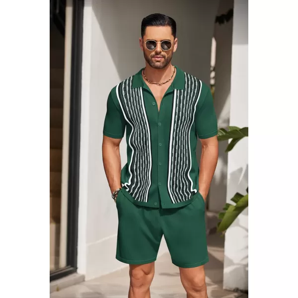 COOFANDY Men's 2 Piece Outfit Vintage Short Sleeve Button Down Knit Polo Shirts Casual Beach Shorts Sets