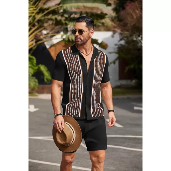 COOFANDY Men's 2 Piece Outfit Vintage Short Sleeve Button Down Knit Polo Shirts Casual Beach Shorts Sets