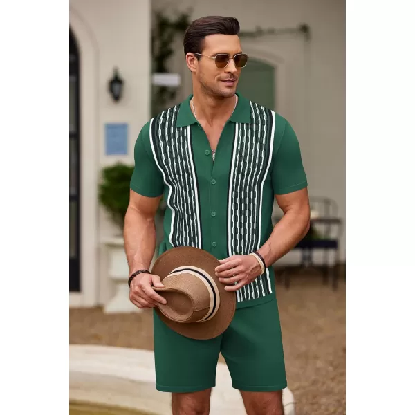 COOFANDY Men's 2 Piece Outfit Vintage Short Sleeve Button Down Knit Polo Shirts Casual Beach Shorts Sets