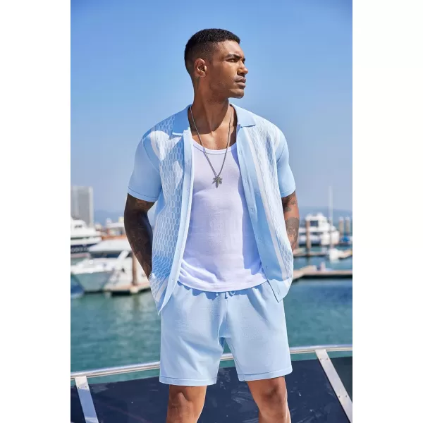COOFANDY Men's 2 Piece Outfit Vintage Short Sleeve Button Down Knit Polo Shirts Casual Beach Shorts Sets