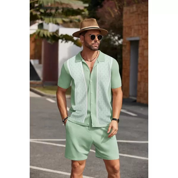 COOFANDY Men's 2 Piece Outfit Vintage Short Sleeve Button Down Knit Polo Shirts Casual Beach Shorts Sets