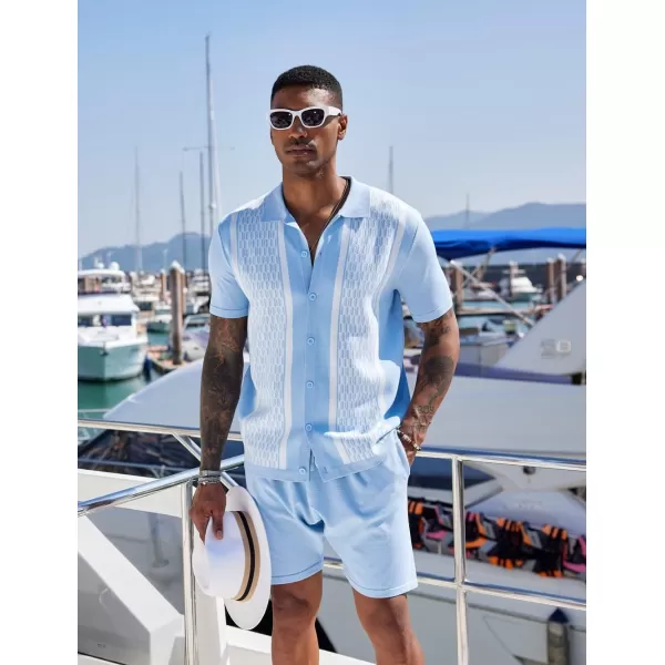 COOFANDY Men's 2 Piece Outfit Vintage Short Sleeve Button Down Knit Polo Shirts Casual Beach Shorts Sets