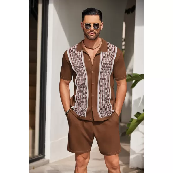 COOFANDY Men's 2 Piece Outfit Vintage Short Sleeve Button Down Knit Polo Shirts Casual Beach Shorts Sets