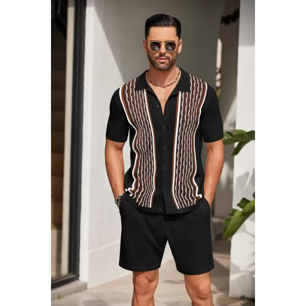 COOFANDY Men's 2 Piece Outfit Vintage Short Sleeve Button Down Knit Polo Shirts Casual Beach Shorts Sets
