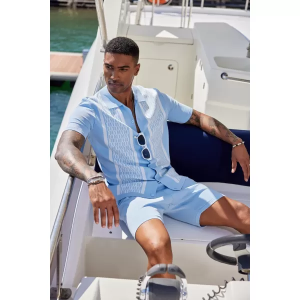 COOFANDY Men's 2 Piece Outfit Vintage Short Sleeve Button Down Knit Polo Shirts Casual Beach Shorts Sets