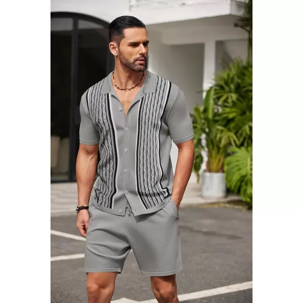 COOFANDY Men's 2 Piece Outfit Vintage Short Sleeve Button Down Knit Polo Shirts Casual Beach Shorts Sets