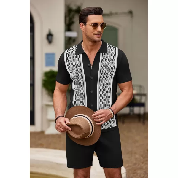 COOFANDY Men's 2 Piece Outfit Vintage Short Sleeve Button Down Knit Polo Shirts Casual Beach Shorts Sets