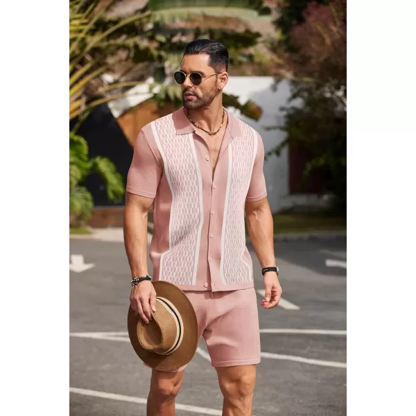 COOFANDY Men's 2 Piece Outfit Vintage Short Sleeve Button Down Knit Polo Shirts Casual Beach Shorts Sets