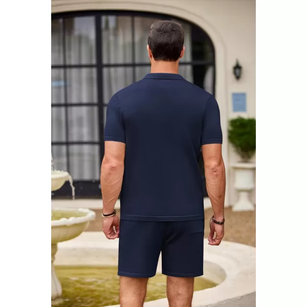 COOFANDY Men's 2 Piece Outfit Vintage Short Sleeve Button Down Knit Polo Shirts Casual Beach Shorts Sets
