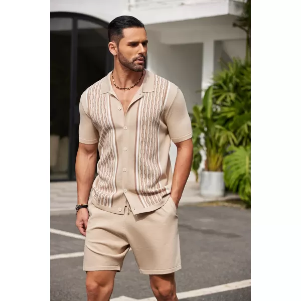 COOFANDY Men's 2 Piece Outfit Vintage Short Sleeve Button Down Knit Polo Shirts Casual Beach Shorts Sets