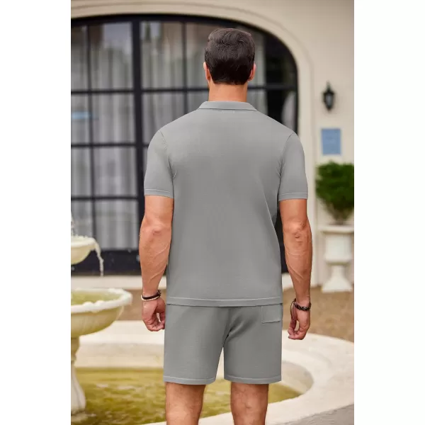 COOFANDY Men's 2 Piece Outfit Vintage Short Sleeve Button Down Knit Polo Shirts Casual Beach Shorts Sets