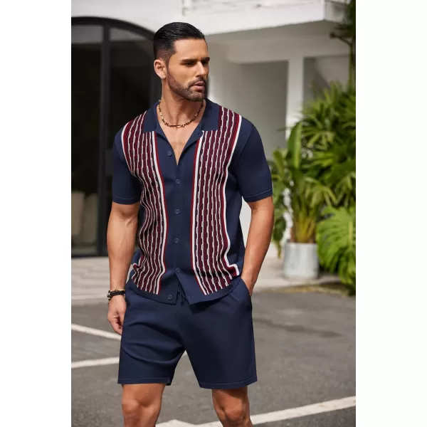 COOFANDY Men's 2 Piece Outfit Vintage Short Sleeve Button Down Knit Polo Shirts Casual Beach Shorts Sets