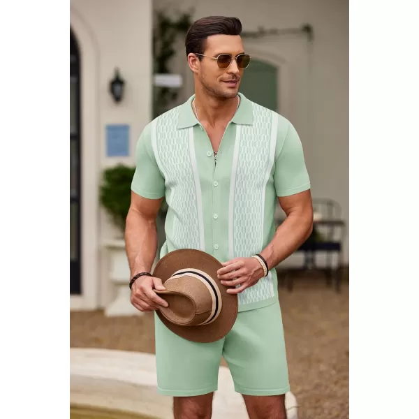 COOFANDY Men's 2 Piece Outfit Vintage Short Sleeve Button Down Knit Polo Shirts Casual Beach Shorts Sets