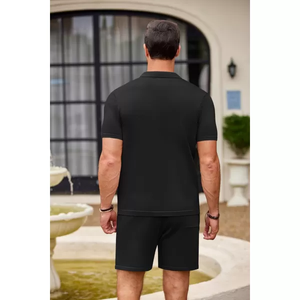 COOFANDY Men's 2 Piece Outfit Vintage Short Sleeve Button Down Knit Polo Shirts Casual Beach Shorts Sets