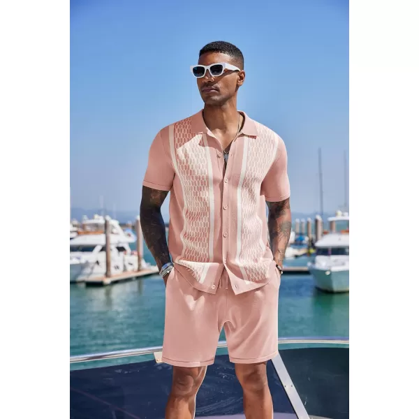 COOFANDY Men's 2 Piece Outfit Vintage Short Sleeve Button Down Knit Polo Shirts Casual Beach Shorts Sets