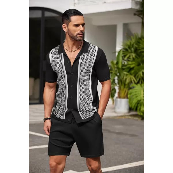 COOFANDY Men's 2 Piece Outfit Vintage Short Sleeve Button Down Knit Polo Shirts Casual Beach Shorts Sets