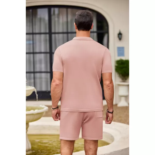 COOFANDY Men's 2 Piece Outfit Vintage Short Sleeve Button Down Knit Polo Shirts Casual Beach Shorts Sets