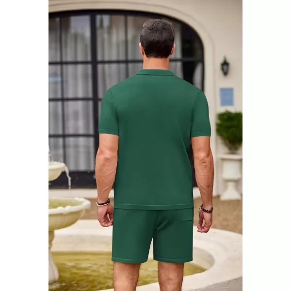 COOFANDY Men's 2 Piece Outfit Vintage Short Sleeve Button Down Knit Polo Shirts Casual Beach Shorts Sets