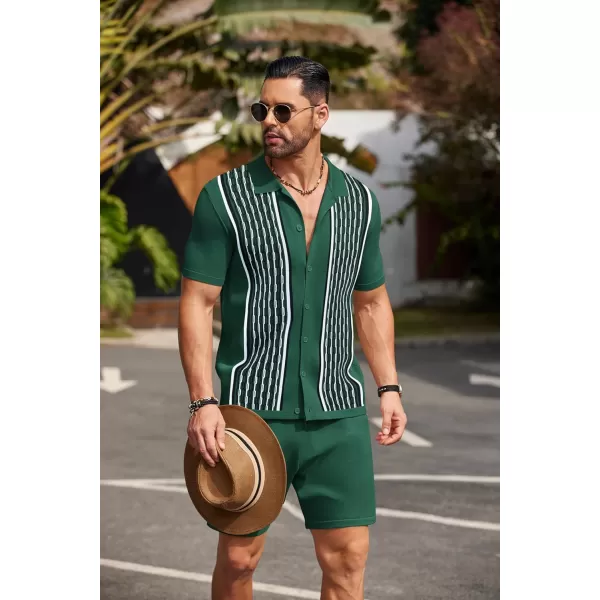COOFANDY Men's 2 Piece Outfit Vintage Short Sleeve Button Down Knit Polo Shirts Casual Beach Shorts Sets