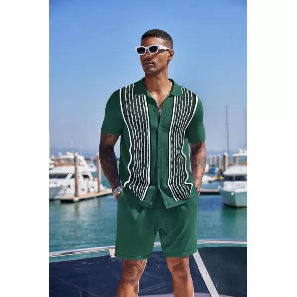 COOFANDY Men's 2 Piece Outfit Vintage Short Sleeve Button Down Knit Polo Shirts Casual Beach Shorts Sets