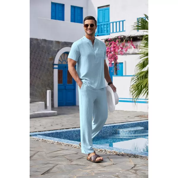 COOFANDY Men's 2 Pieces Cotton Linen Set Casual Short Sleeve Henley Shirts Beach Yoga Pants Summer Outfits