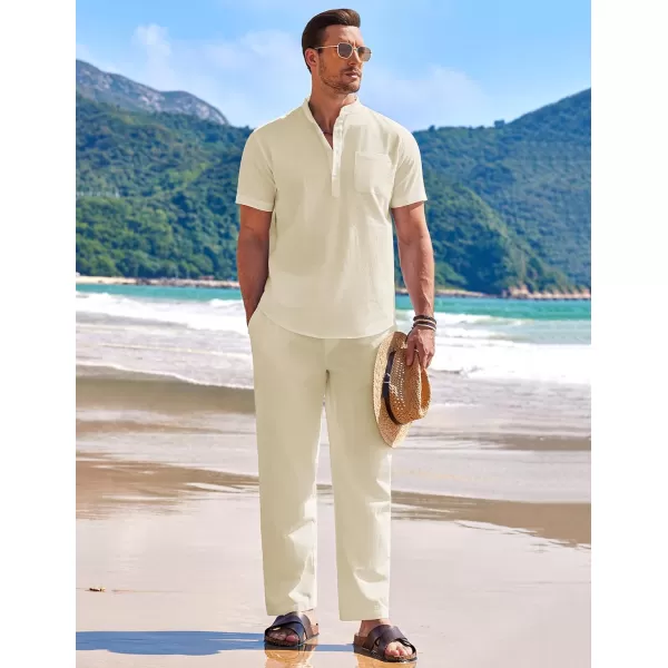COOFANDY Men's 2 Pieces Cotton Linen Set Casual Short Sleeve Henley Shirts Beach Yoga Pants Summer Outfits