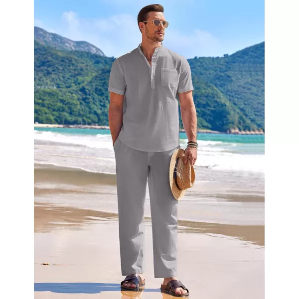 COOFANDY Men's 2 Pieces Cotton Linen Set Casual Short Sleeve Henley Shirts Beach Yoga Pants Summer Outfits
