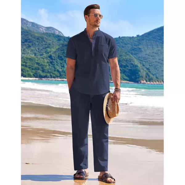 COOFANDY Men's 2 Pieces Cotton Linen Set Casual Short Sleeve Henley Shirts Beach Yoga Pants Summer Outfits