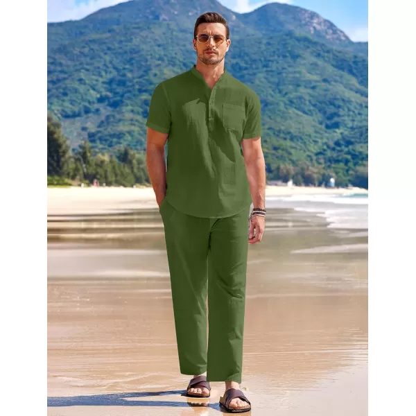 COOFANDY Men's 2 Pieces Cotton Linen Set Casual Short Sleeve Henley Shirts Beach Yoga Pants Summer Outfits