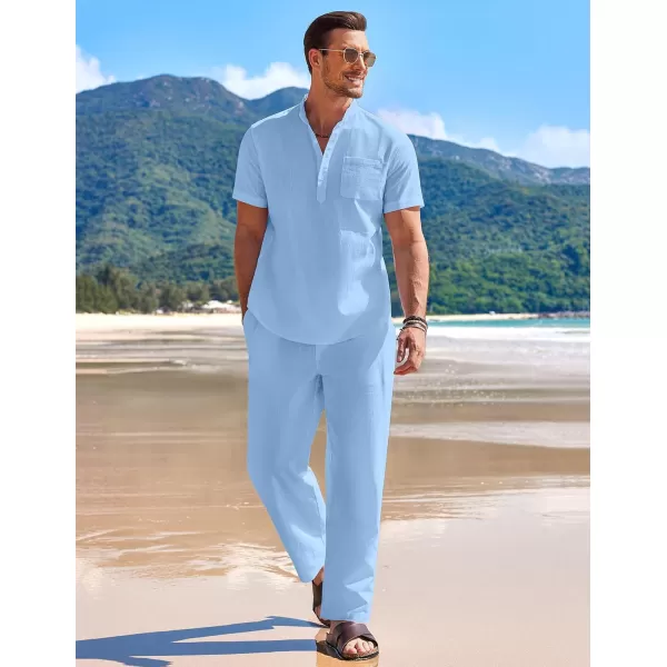 COOFANDY Men's 2 Pieces Cotton Linen Set Casual Short Sleeve Henley Shirts Beach Yoga Pants Summer Outfits