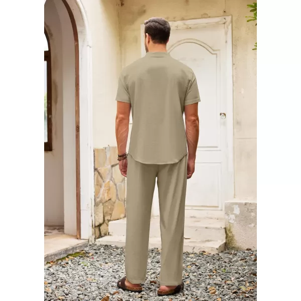 COOFANDY Men's 2 Pieces Cotton Linen Set Casual Short Sleeve Henley Shirts Beach Yoga Pants Summer Outfits