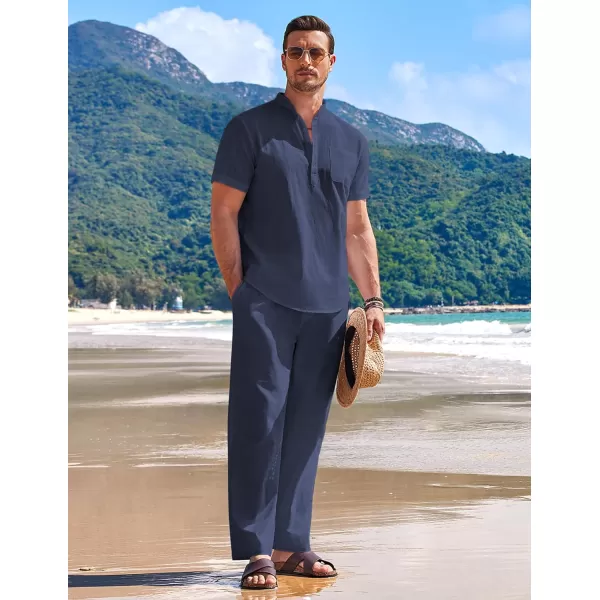 COOFANDY Men's 2 Pieces Cotton Linen Set Casual Short Sleeve Henley Shirts Beach Yoga Pants Summer Outfits