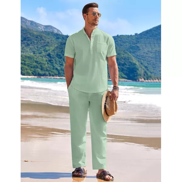 COOFANDY Men's 2 Pieces Cotton Linen Set Casual Short Sleeve Henley Shirts Beach Yoga Pants Summer Outfits
