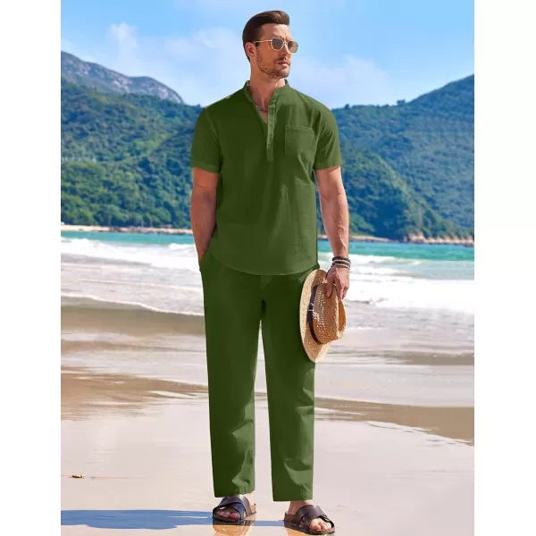 COOFANDY Men's 2 Pieces Cotton Linen Set Casual Short Sleeve Henley Shirts Beach Yoga Pants Summer Outfits