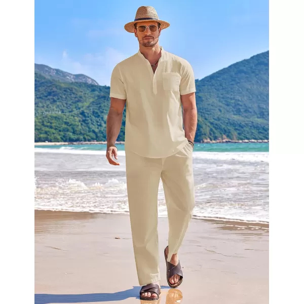 COOFANDY Men's 2 Pieces Cotton Linen Set Casual Short Sleeve Henley Shirts Beach Yoga Pants Summer Outfits