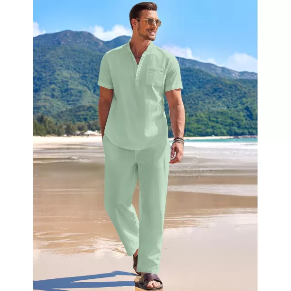 COOFANDY Men's 2 Pieces Cotton Linen Set Casual Short Sleeve Henley Shirts Beach Yoga Pants Summer Outfits