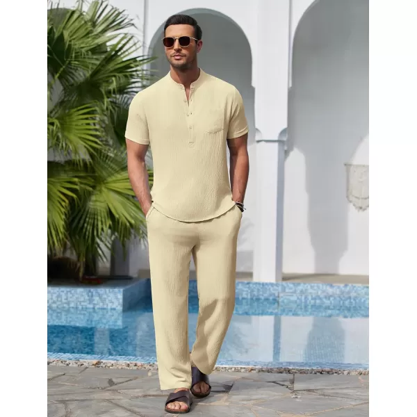 COOFANDY Men's 2 Pieces Cotton Linen Set Casual Short Sleeve Henley Shirts Beach Yoga Pants Summer Outfits