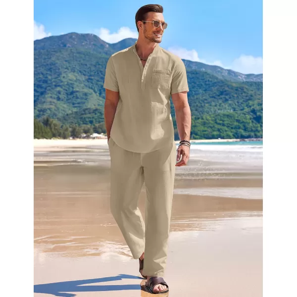 COOFANDY Men's 2 Pieces Cotton Linen Set Casual Short Sleeve Henley Shirts Beach Yoga Pants Summer Outfits