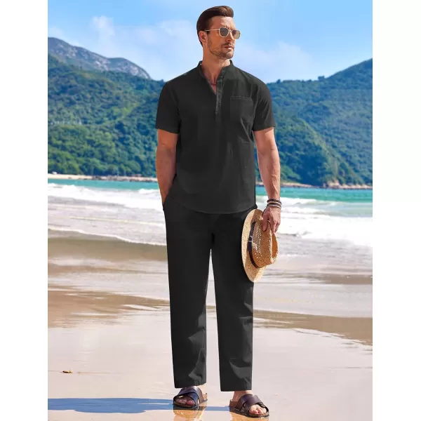 COOFANDY Men's 2 Pieces Cotton Linen Set Casual Short Sleeve Henley Shirts Beach Yoga Pants Summer Outfits