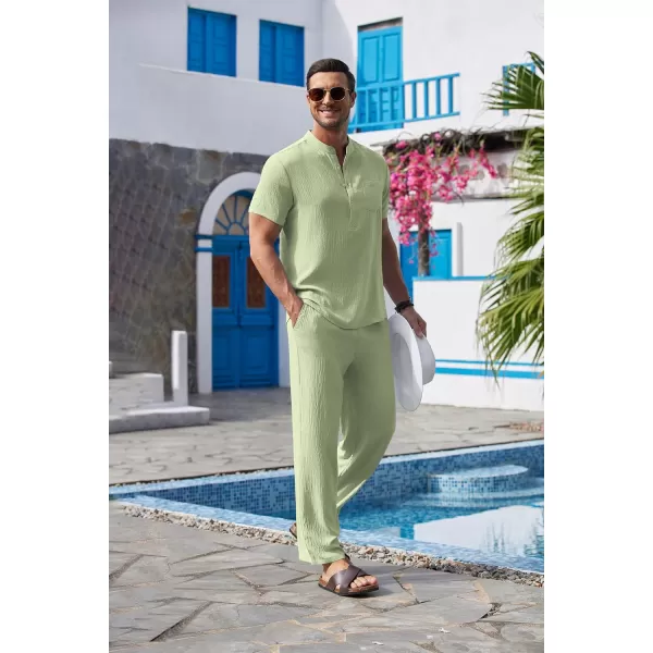 COOFANDY Men's 2 Pieces Cotton Linen Set Casual Short Sleeve Henley Shirts Beach Yoga Pants Summer Outfits