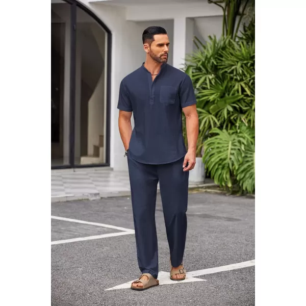 COOFANDY Men's 2 Pieces Cotton Linen Set Casual Short Sleeve Henley Shirts Beach Yoga Pants Summer Outfits